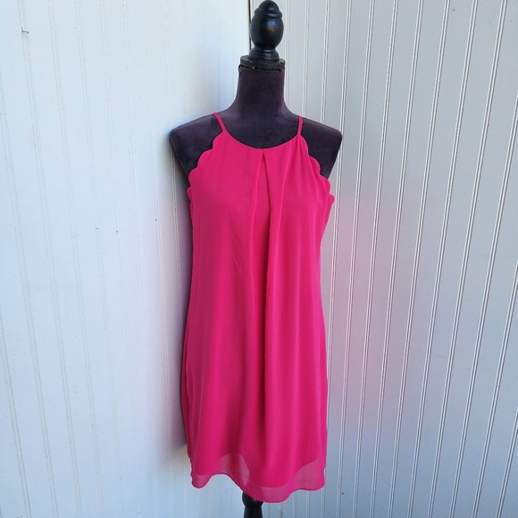 I.N. San Francisco Sleeveless Halter Neck Scalloped Chiffon Shift Dress Pink L - Picture 1 of 13
